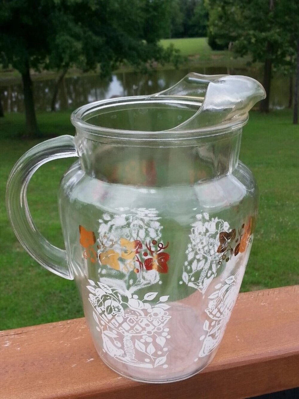 Hazel Atlas Clear Glass Pitcher White Fruit Compote Gold Ivy Ice Lip Vtg 1960's